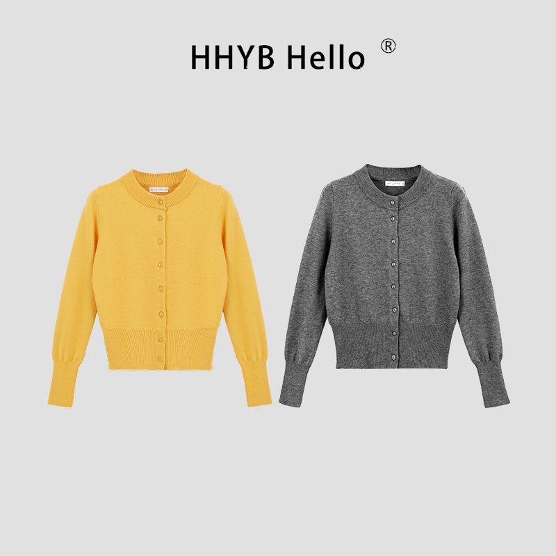 HHYB别来无恙 纯色圆领长袖针织开衫外套休闲百搭显瘦上衣M890