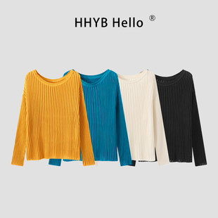 HHYB别来无恙 新款坑条微透宽松镂空针织衫女百搭简约上衣M1092