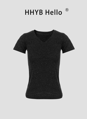 HHYB别来无恙 2025新款美式复古V领后背印花字母T恤上衣250550