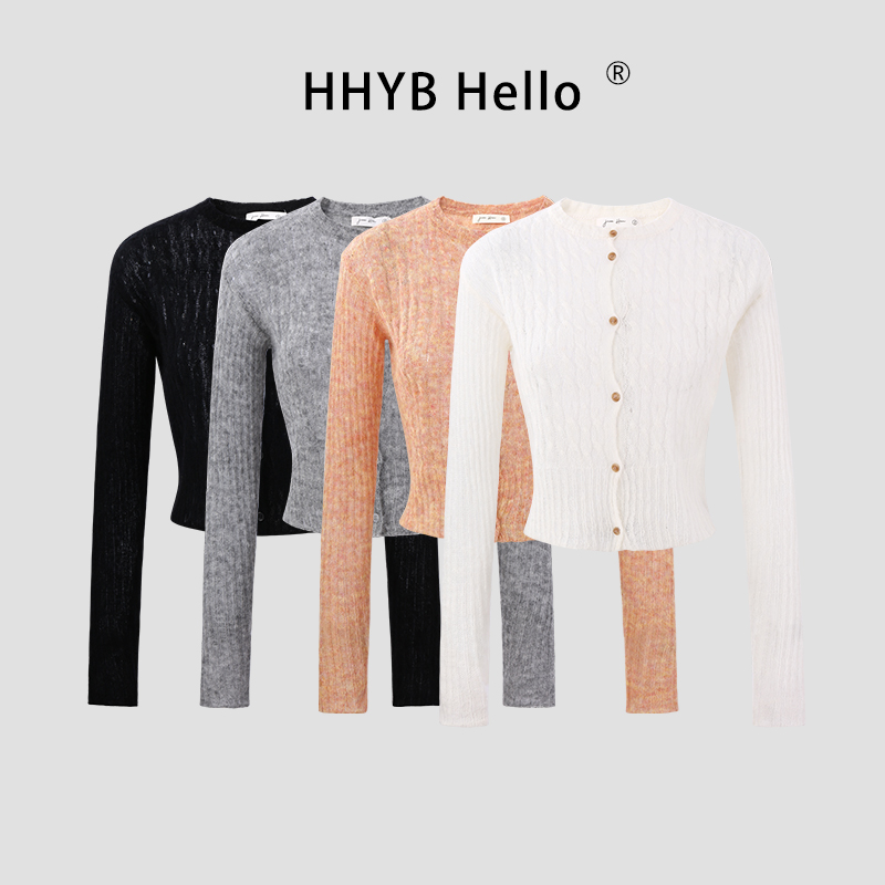 HHYB别来无恙 2025薄透绞花毛织上衣圆领纽扣麻花露腰开衫M1188