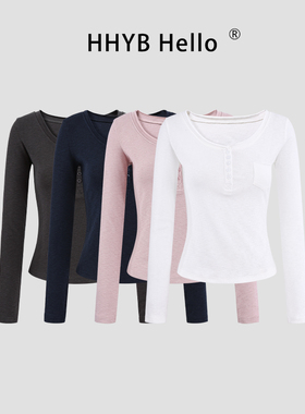HHYB别来无恙 纯欲修身长袖V领打底衫小个子百搭气质T恤女250966