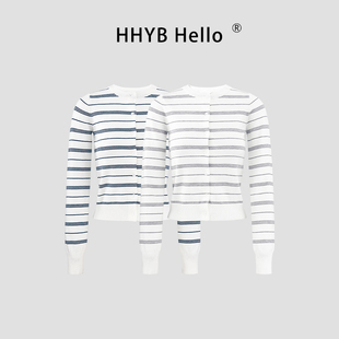 HHYB别来无恙 复古条纹针织开衫女秋季新款圆领外搭上衣女M1538