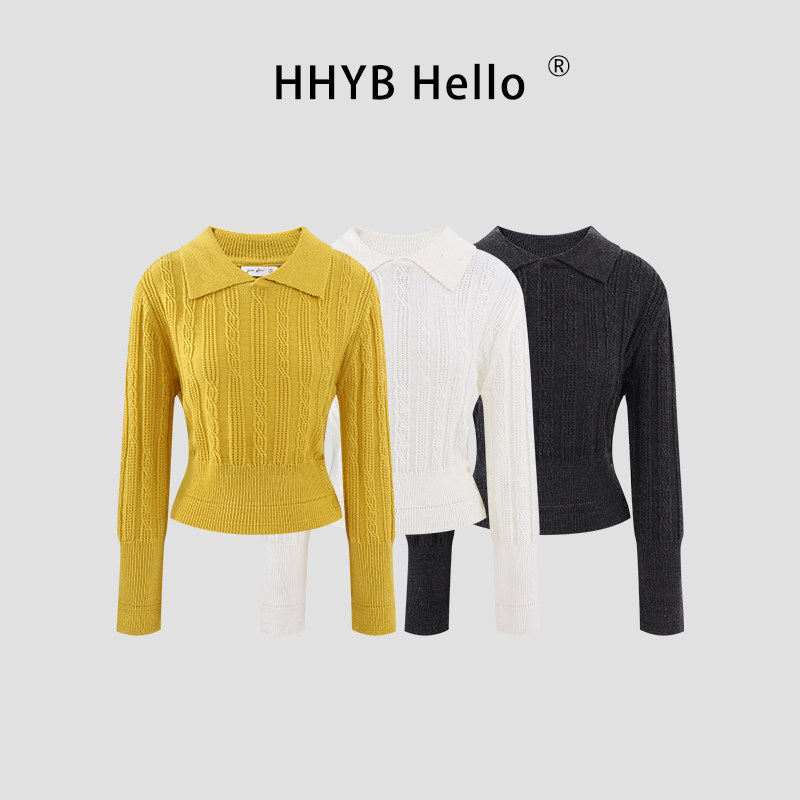 HHYB别来无恙 锁链绞花翻领收腰针织衫上衣新款春秋短款毛衣M1678