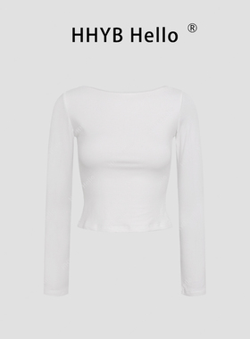 HHYB别来无恙 韩系别致一字肩修身长袖T恤2025新款露肩上衣250124