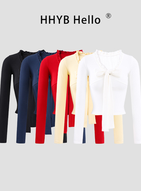 HHYB别来无恙 木耳边V领蝴蝶结系带修身弹力长袖T恤上衣女250907