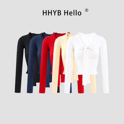 HHYB别来无恙 木耳边V领蝴蝶结系带修身弹力长袖T恤上衣女250907