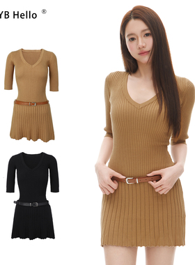 HHYB别来无恙 2025新款时尚V领中袖腰带针织裙修身连衣裙M1321