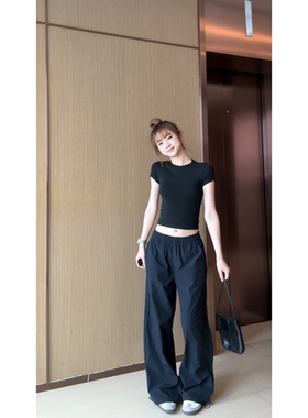 HHYB别来无恙 百搭阔腿工装裤女夏季垂感直筒宽松休闲运动裤Q8017