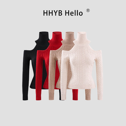 HHYB别来无恙 黑色高领气质名媛辣妹镂空高级感露肩针织上女M1705