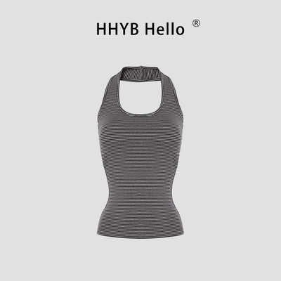 带胸垫U领挂脖细条纹吊带背心