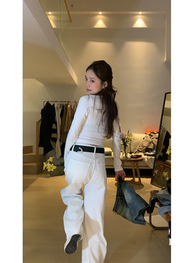 HHYB别来无恙 法式高腰直筒长裤复古简约百搭气质休闲直筒裤纯棉