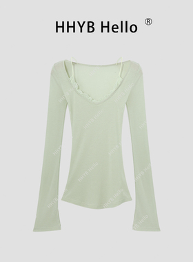 HHYB别来无恙 韩系圆领修身长袖2025蕾丝边拼接假两件上衣250211