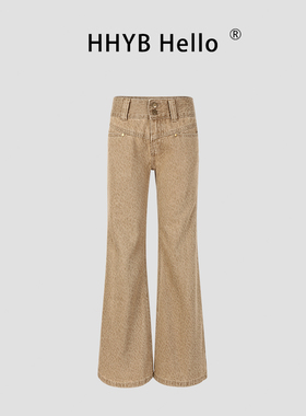 HHYB别来无恙 2025低腰款豹纹印花显瘦直筒微喇牛仔裤长裤Q254200