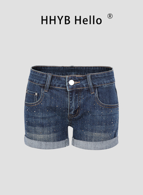 HHYB别来无恙 2025夏季新款简约时尚修身低腰翻边牛仔短裤Q254130