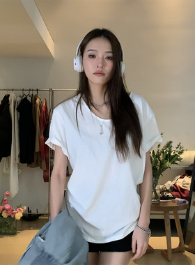 HHYB别来无恙 夏季新款女士纯色t恤短袖韩版U领休闲宽松简约上衣