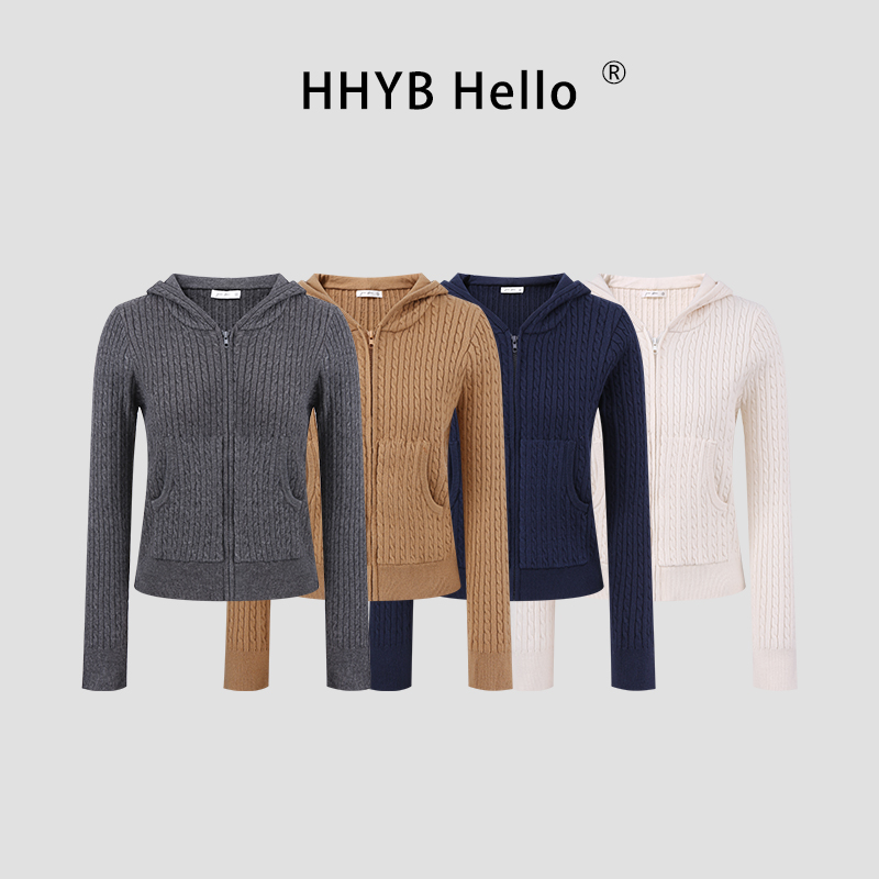 HHYB别来无恙 秋冬新款连帽绞花针织开衫老钱百搭宽松外套女M1446