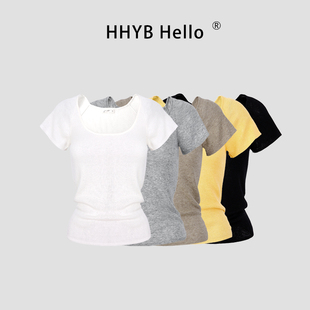 HHYB别来无恙 多巴胺穿搭U领插肩袖短袖针织衫新款微透上衣M1202