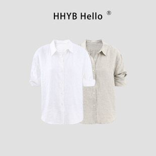 HHYB别来无恙 白色亚麻衬衫正肩短袖女夏季休闲气质老钱风H80013