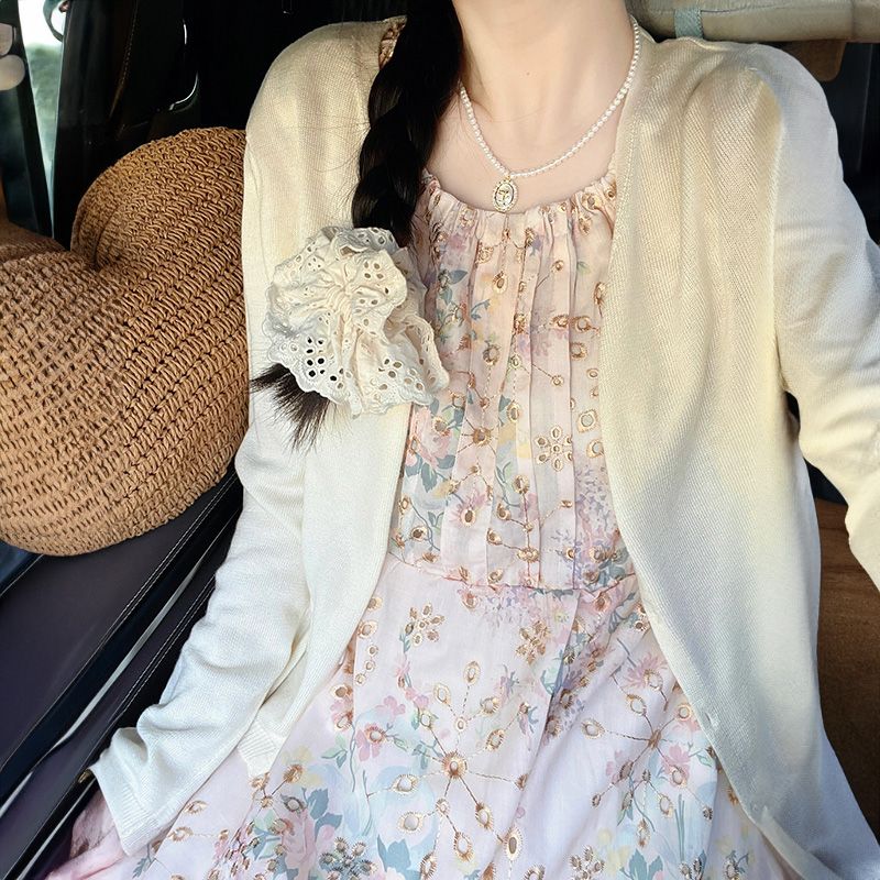 两件/套装甜美刺绣重工印花碎花连衣裙女学生+薄款针织防晒衫外套