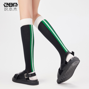 竖条纹撞色小腿袜子女春秋显瘦长筒袜ins潮流日系jk薄款 透气棉袜