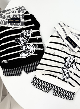 TennyAnny原创蕾丝条纹做旧破洞米奇米妮宠物情侣装翻领解构设计