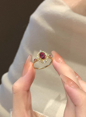 复古椭圆红宝戒指高级感独特小众
