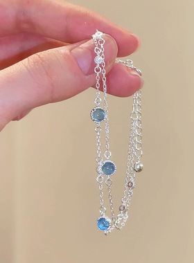 格调小红书天然海蓝宝手链女精致奢品水晶手环时尚镶钻叠戴手饰品