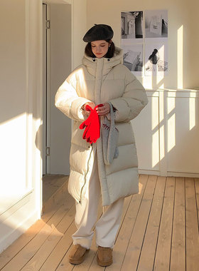 EVERTRUE 90白鸭绒连帽羽绒服女保暖冬季韩版中长款外套