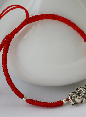S925纯银原创手工编织貔貅红绳手链手工银饰古朴玉线手编