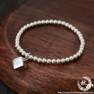 925纯银手链 银珠弹力手链 简约方块坠子 立方体百搭极简银饰情侣