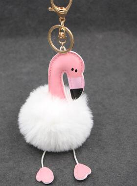 新款原创金色火烈鸟毛球钥匙扣 8cm仿獭兔包包可爱女士汽车挂件