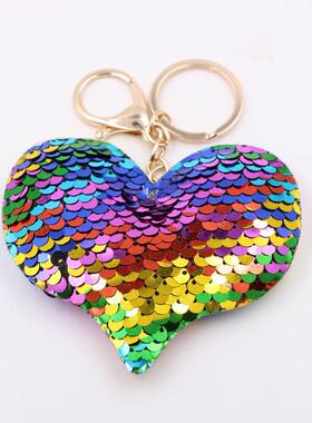 热销双面亮片爱心钥匙扣挂件 反光书包心形包包挂件钱包钥匙扣