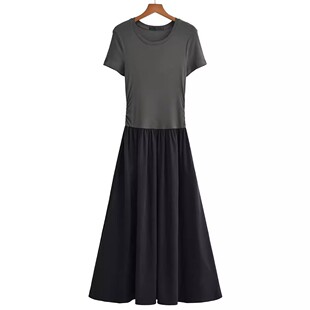连衣裙 短袖 女士夏季 收腰优雅气质柔软轻薄圆领T恤拼接修身