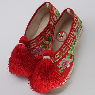 千层底大牡丹花平底绣花彩鞋戏曲花旦布底仿手绣回纹盘金舞蹈鞋