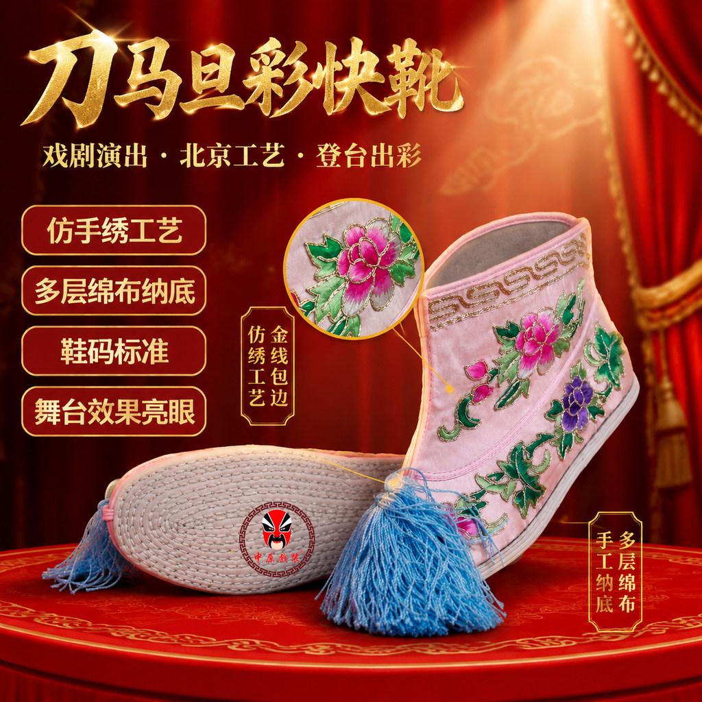 戏曲演出北京工艺戏剧豫剧平底女彩快靴 仿手绣打靴 女打鞋武旦靴
