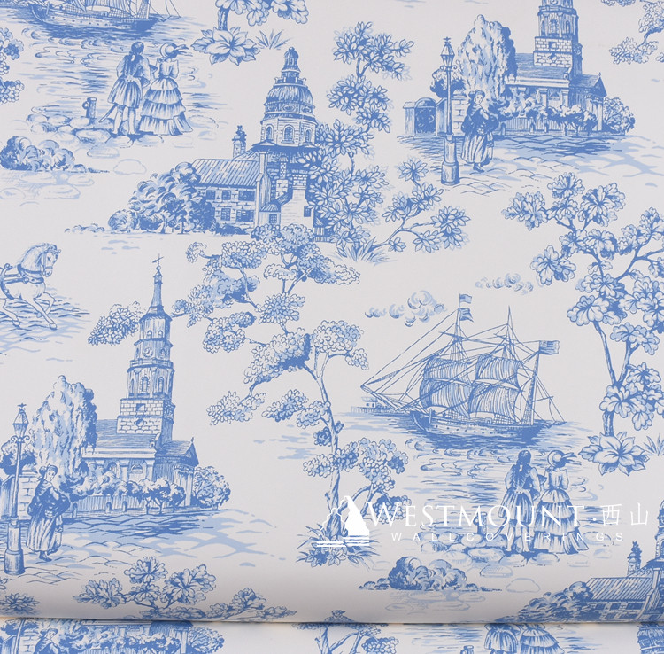 现货 美国进口壁纸 法式人物蓝色系 卧室客厅环保纯纸墙纸