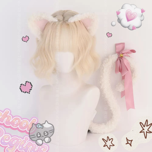 黏黏 好甜的卷毛小猫甜妹猫耳发夹蝴蝶结猫尾巴cos变装直播Lolita