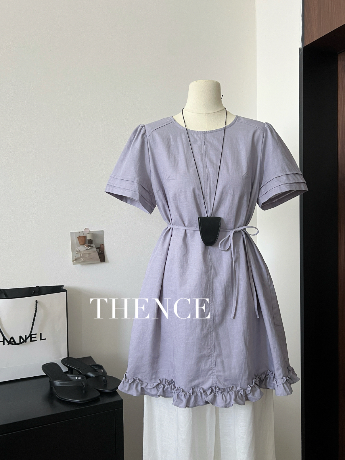 THENCE“all in裙”韓系氣質圓領木耳邊亞麻連衣裙2025夏款顯瘦裙