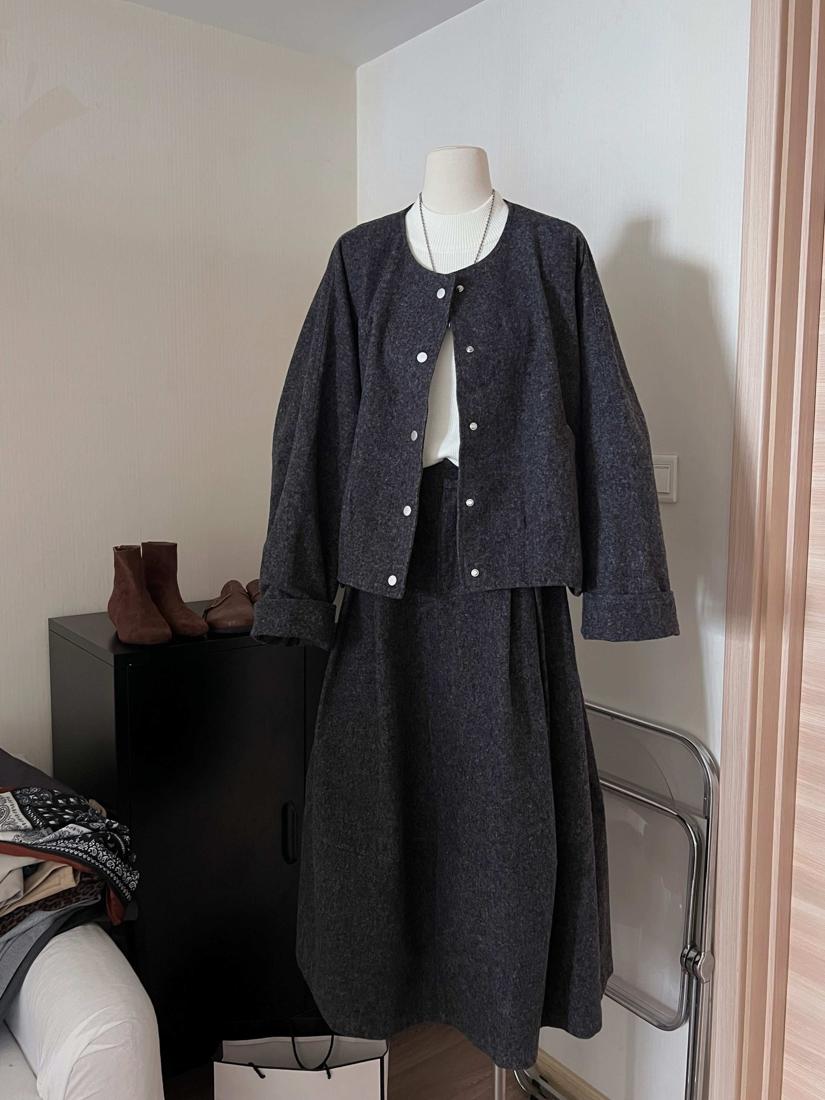 THENCE“渐入深秋”韩系简约磨毛牛仔套装2025新宽松显瘦半裙外套