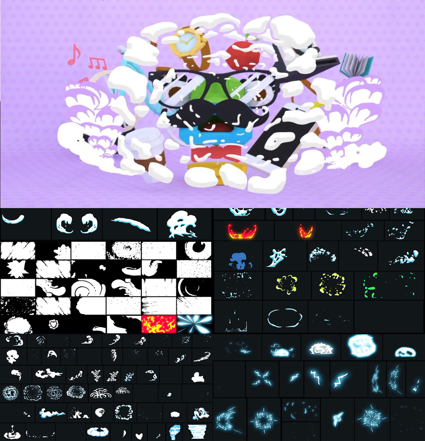 AE模板300+卡通手绘闪电烟雾火焰MG动画元素音效与视频素材