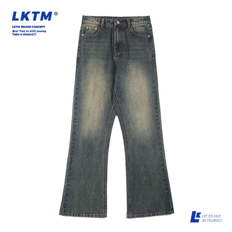 LKTM新款美式复古做旧铁锈蓝牛仔裤男款个性百搭微喇潮牌阔腿长裤