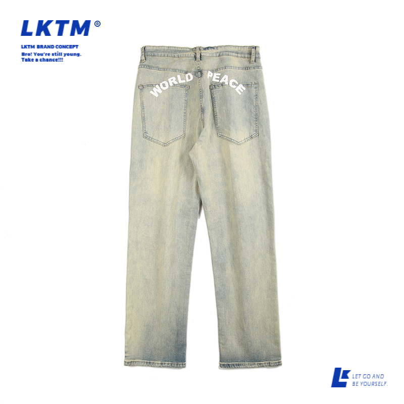 LKTM水洗做旧复古美式泛黄高街牛仔裤男黄泥染宽松百搭休闲长裤子