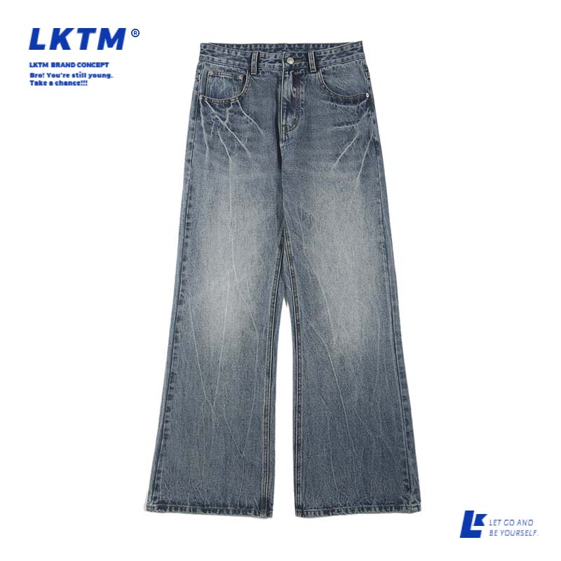 LKTM2024美式vibe闪电裂纹复古牛仔裤男女同款微喇个性百搭阔腿裤