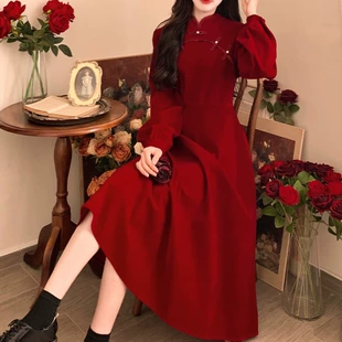 改良红色旗袍连衣裙女春季 大码 新中式 胖MM复古显瘦高级丝绒礼服裙