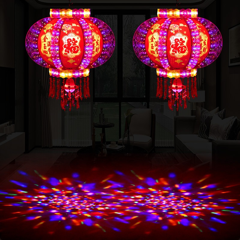 2024新年挂饰七彩旋转走马灯LED灯笼过新年大门阳台电动旋转装饰