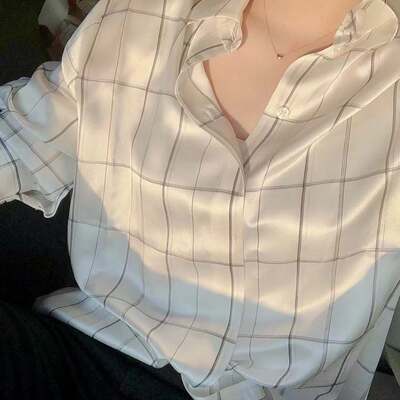 桑蚕丝亲肤白色大方格子衬衫