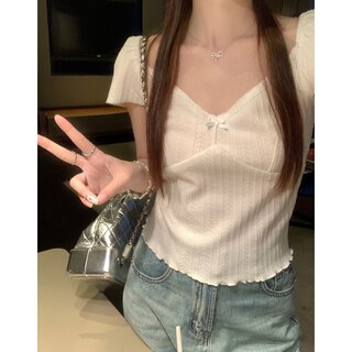 乌77甜欲白色木耳边蝴蝶结V领T恤女修身显瘦泡泡袖小个子短款上衣