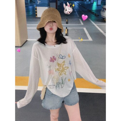 春夏美式花朵印花长袖T恤女夏季薄款外搭防晒罩衫宽松空调衫0402d