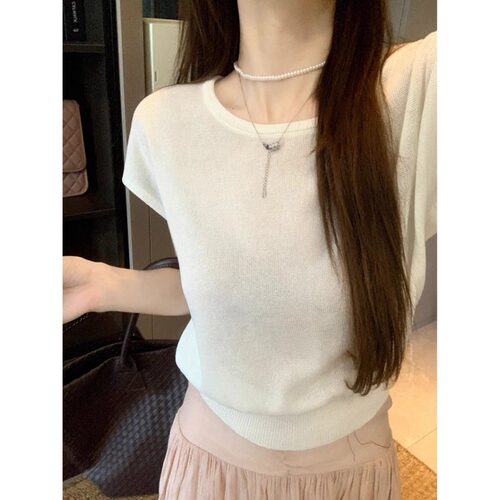 春夏白色针织短袖t恤女夏季感正肩体恤薄款辣妹短款上衣0402d