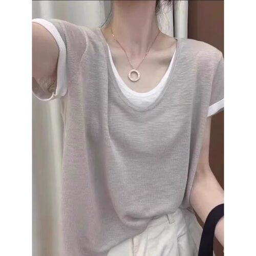 夏季大码夏薄款假两件短袖上衣女胖mm感气质宽松显瘦百搭t恤0412d